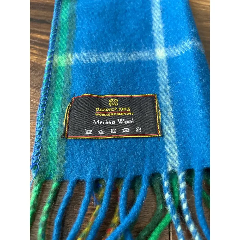 Patrick Kins Merino Wool Scarf Blue Plaid Fringe Buttons Pocket Tartan Scottish